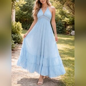 Sky Blue Lace Halter Maxi Dress Size Large Boho Flowy Summer Beach